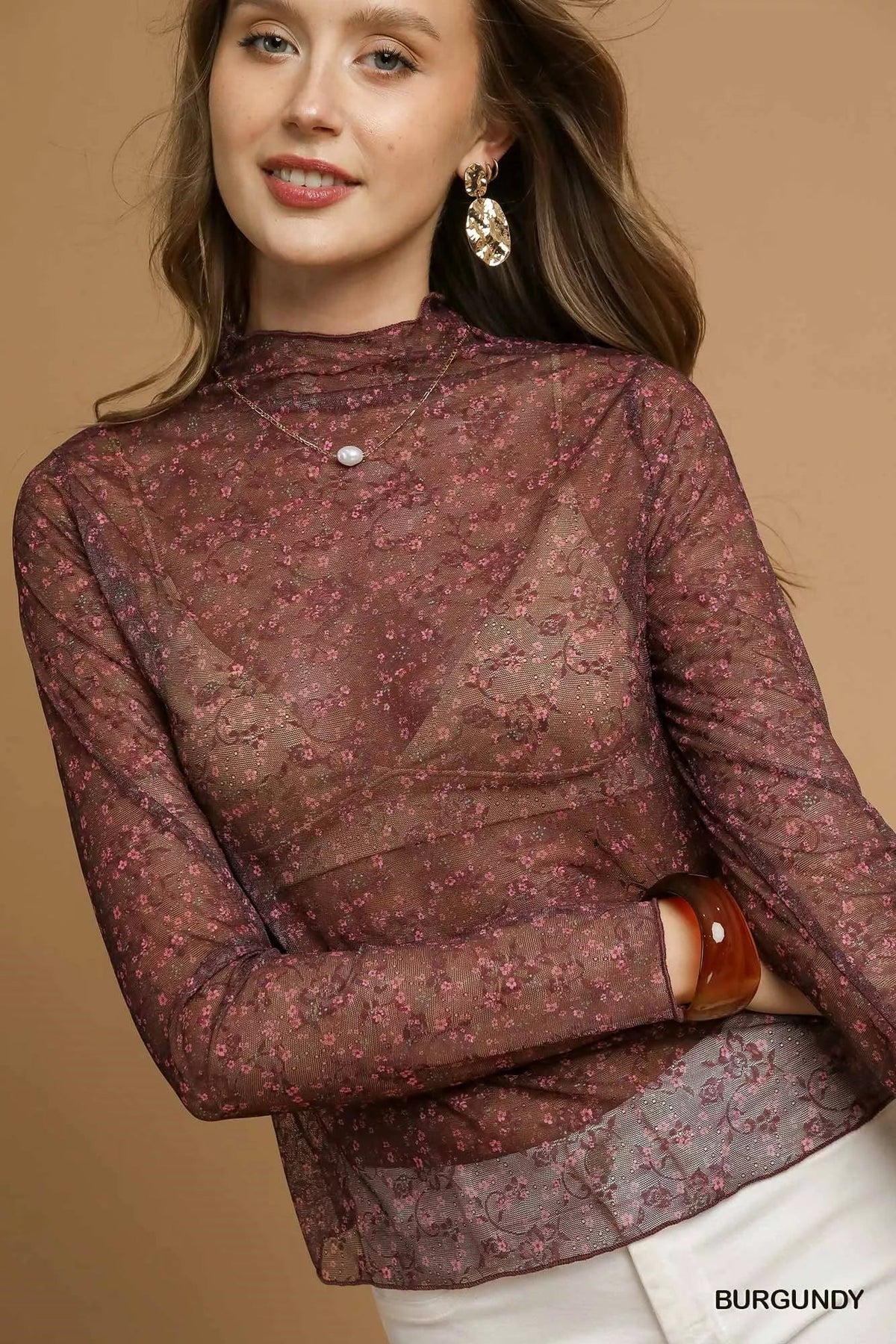 Umgee Nylon Lace Mesh Long Sleeve Top