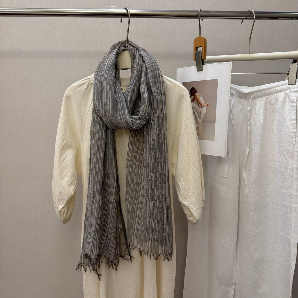 Striped Pleated Cotton-Linen Scarf