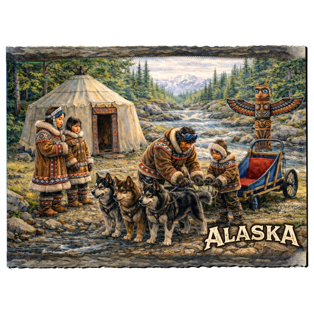 Arctic Village Dog Team Greeting Card by G. Debrekht - 97122GC