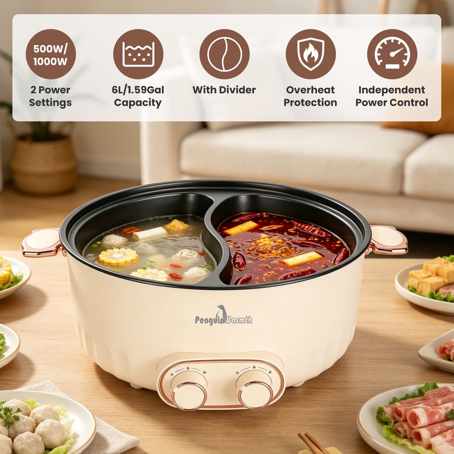 Electric Hot Pot with Divider 6L Dual Control Stainless Steel