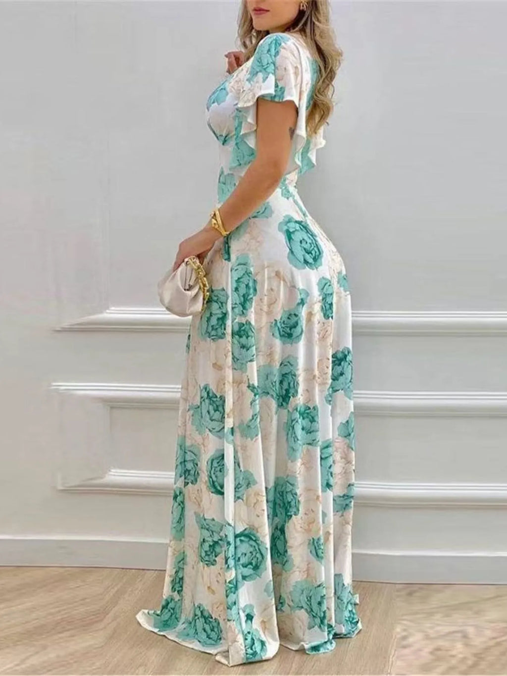 Floral Print V-Neck Maxi Dress with Flutter Sleeves