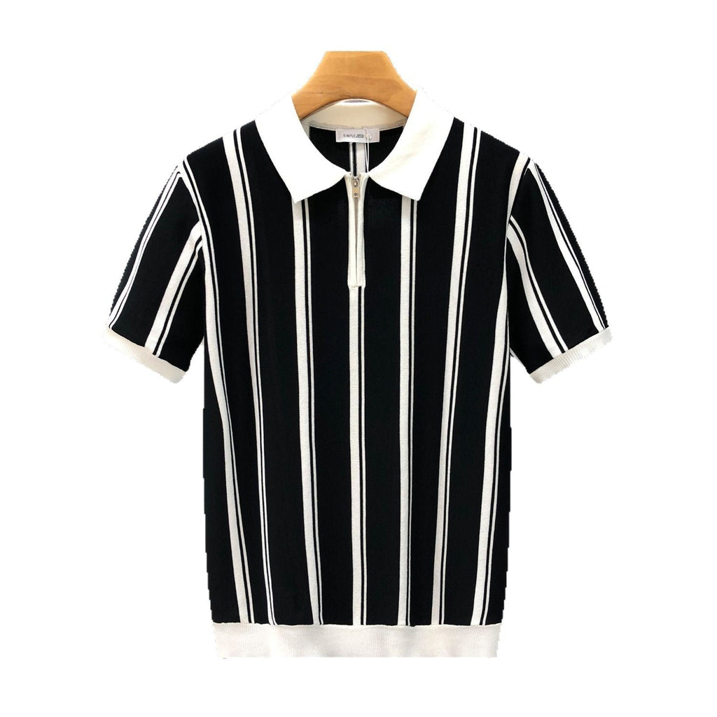 Mens Half-Zip Short-Sleeve Striped Polo Shirt
