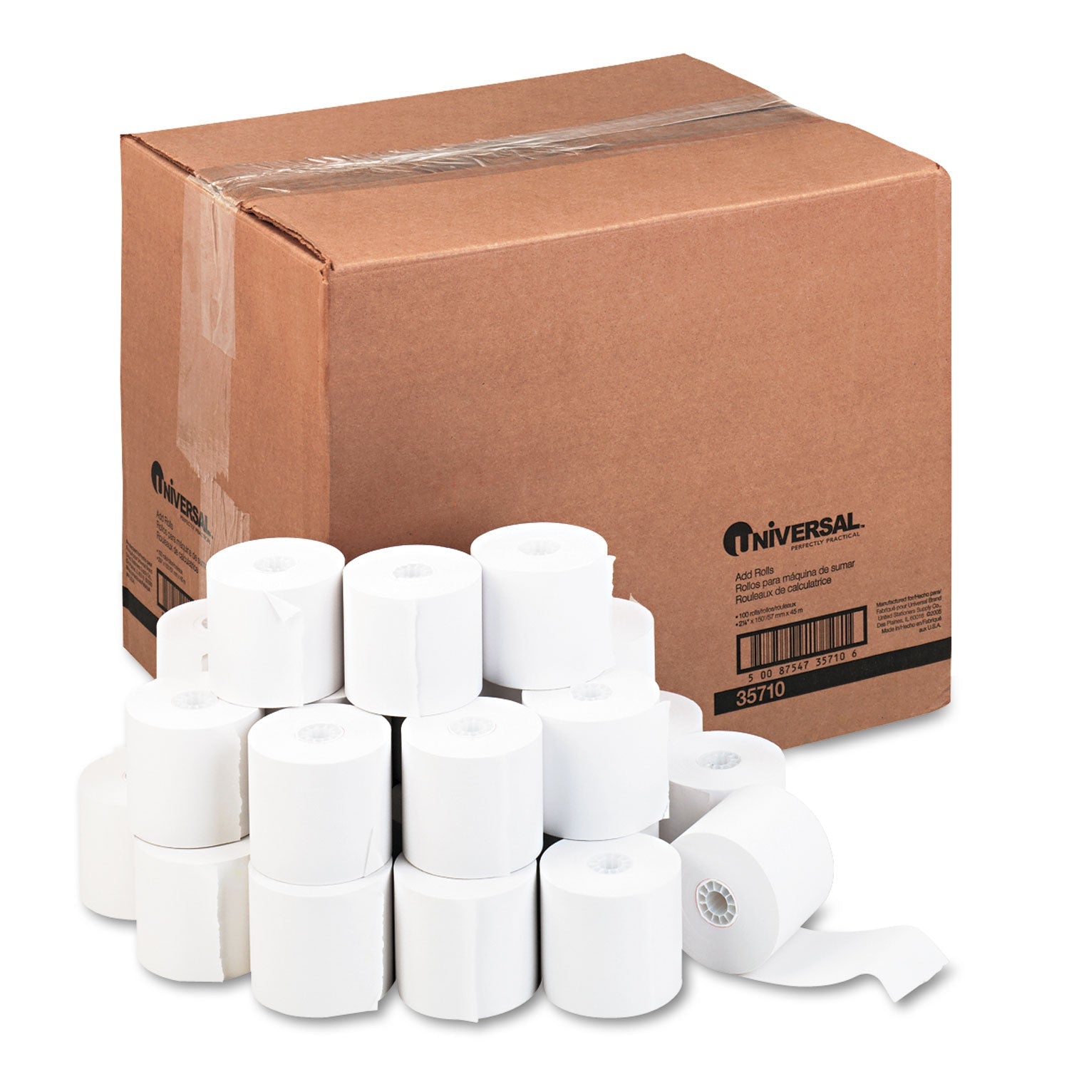 Universal Impact and Inkjet Print Bond Paper Rolls, 0.5" Core, 2.25" x 150 ft, White, 100/Carton