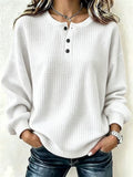 Womens Plaid Casual Loose-fit Crew-neck Long-sleeve Sweatshirt With Buttons