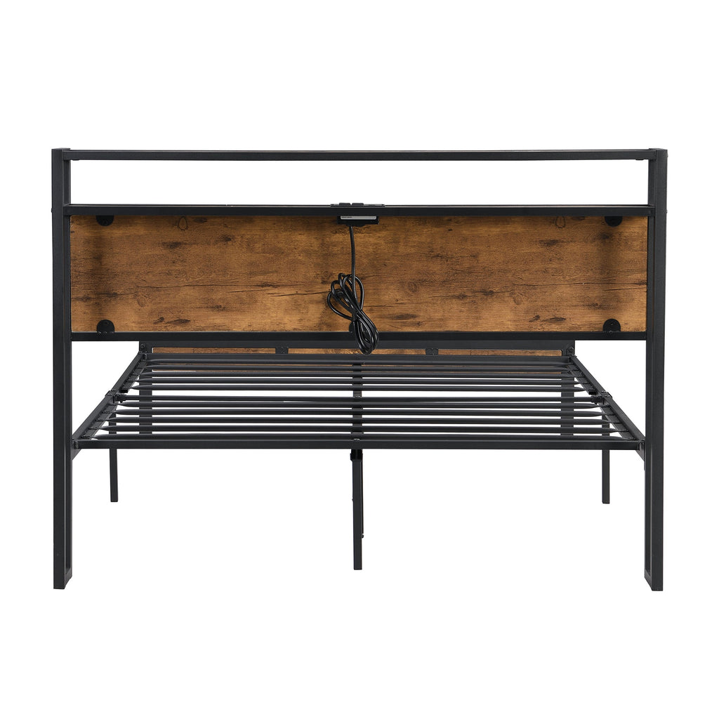 Queen Size Metal Platform Bed Frame with Wooden Headboard and Footboard with USB LINER