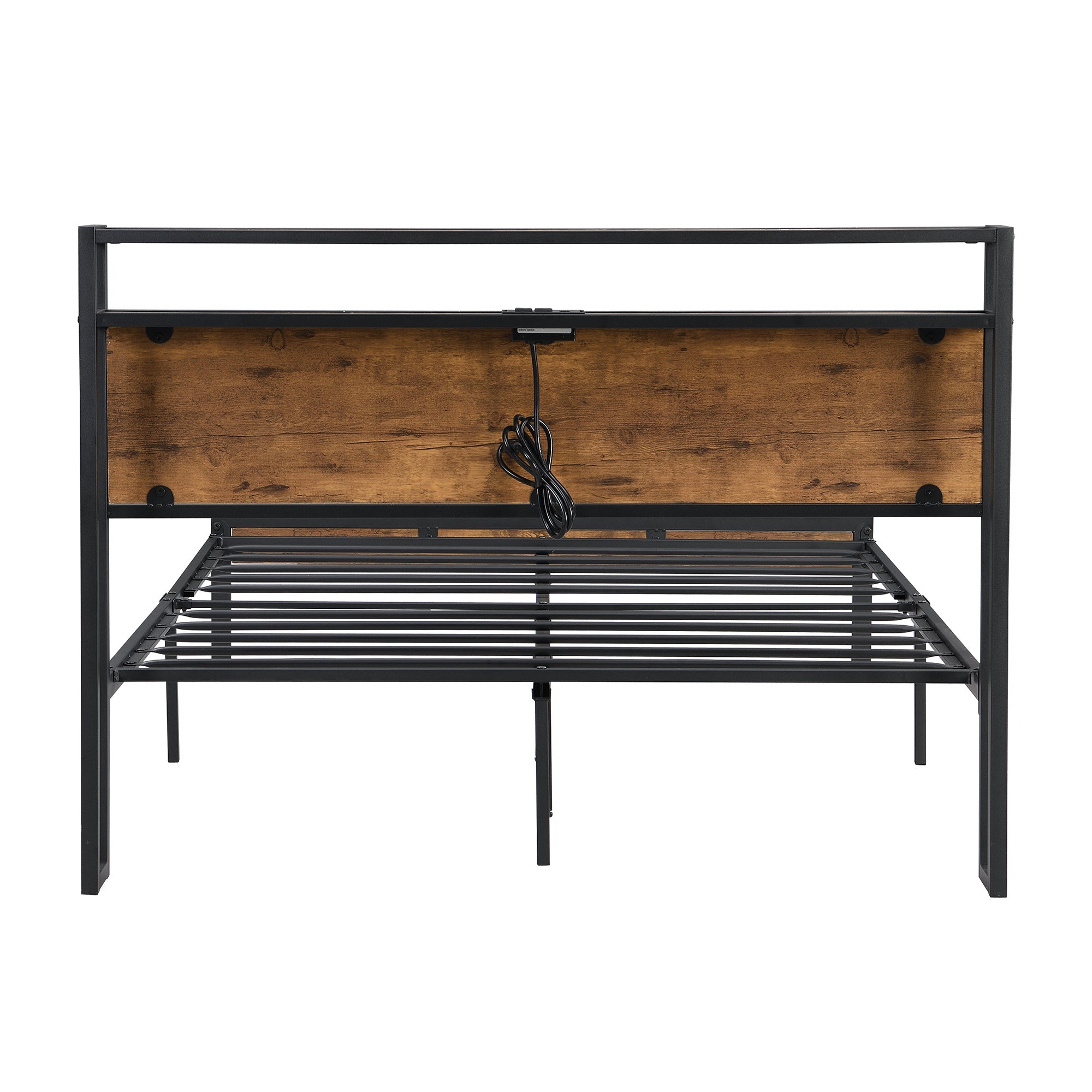 Queen Size Metal Platform Bed Frame with Wooden Headboard and Footboard with USB LINER