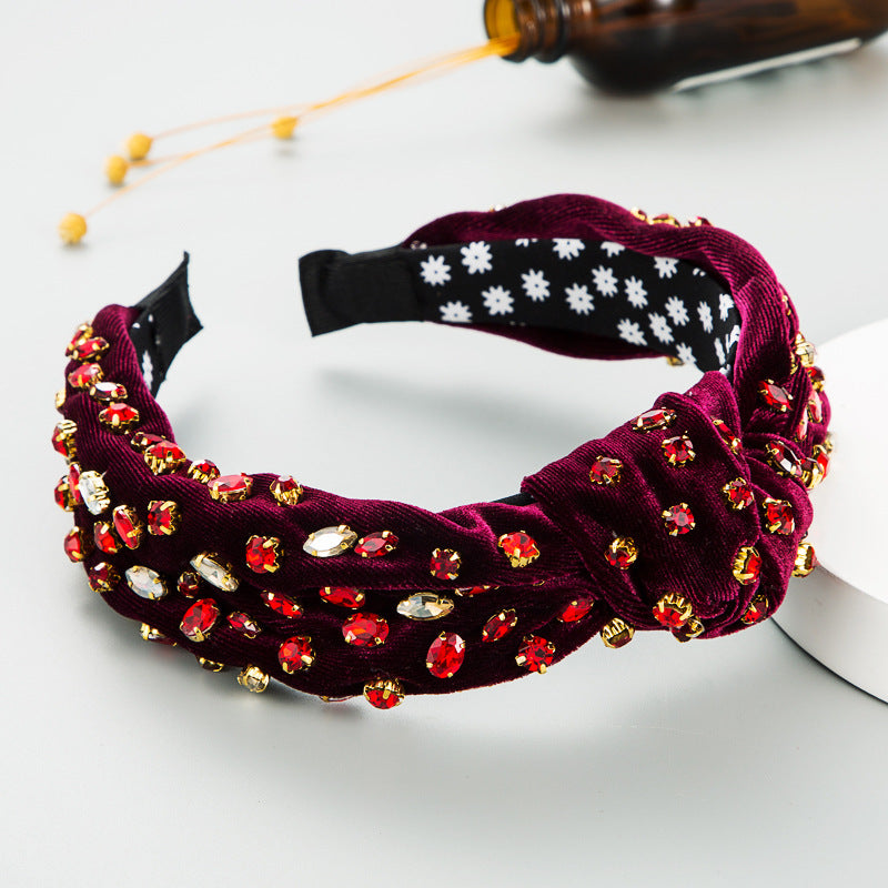 Exaggerated Fashion Hair Bands Female Corduroy Temperament Sweet Hair Ornaments Wide Side Knotted With Diamonds Headband