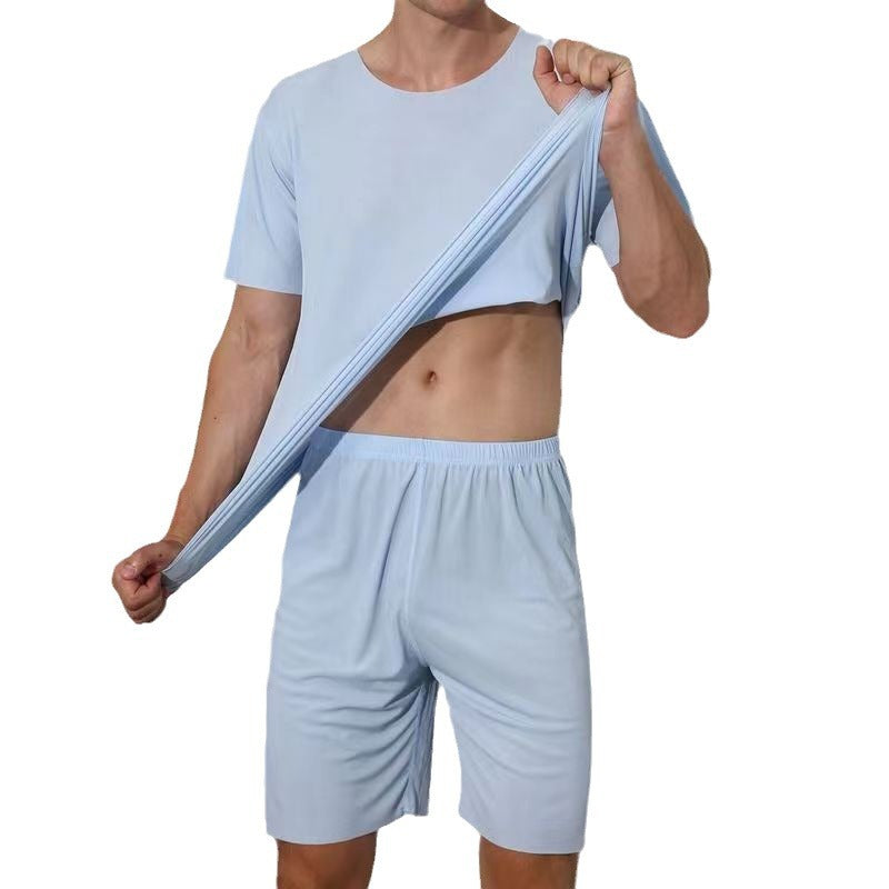 Advanced Ice Silk Round Neck Solid Color Short Sleeve Shorts Suit