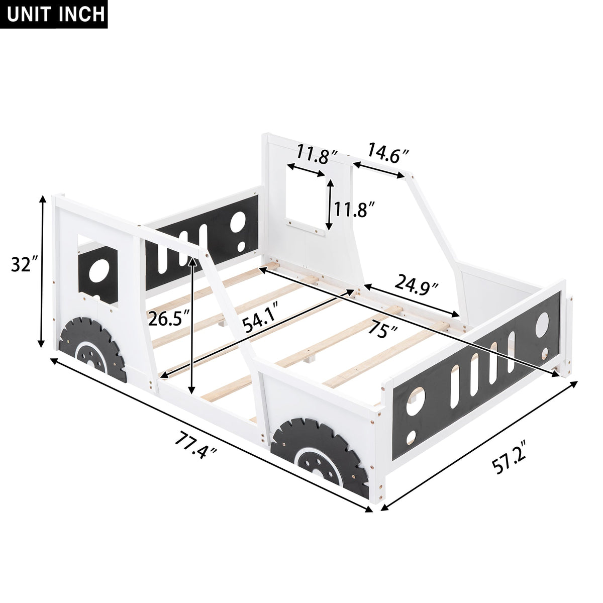 Full Size Classic Car-Shaped Platform Bed with Wheels White