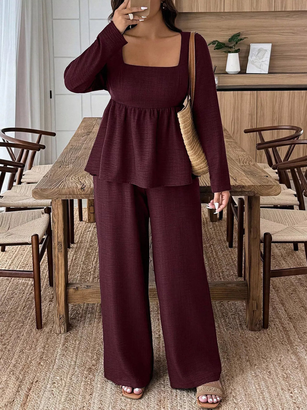 Square Neck Long Sleeve Top and Pants Two-Piece Set