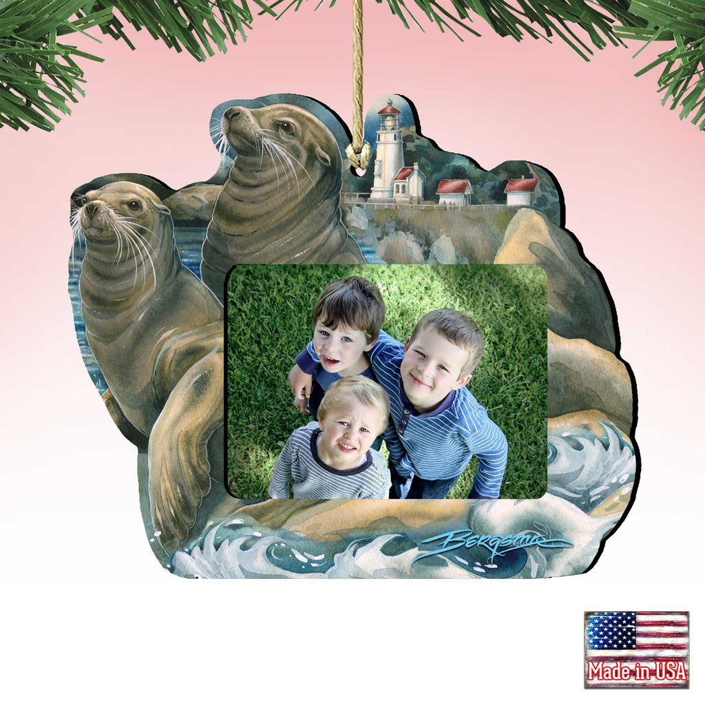 Sea Lions Lighthouse Ornament Picture Frame - Ornament for Photo Judy Bergsma by Designocracy - 8591883PF-JB