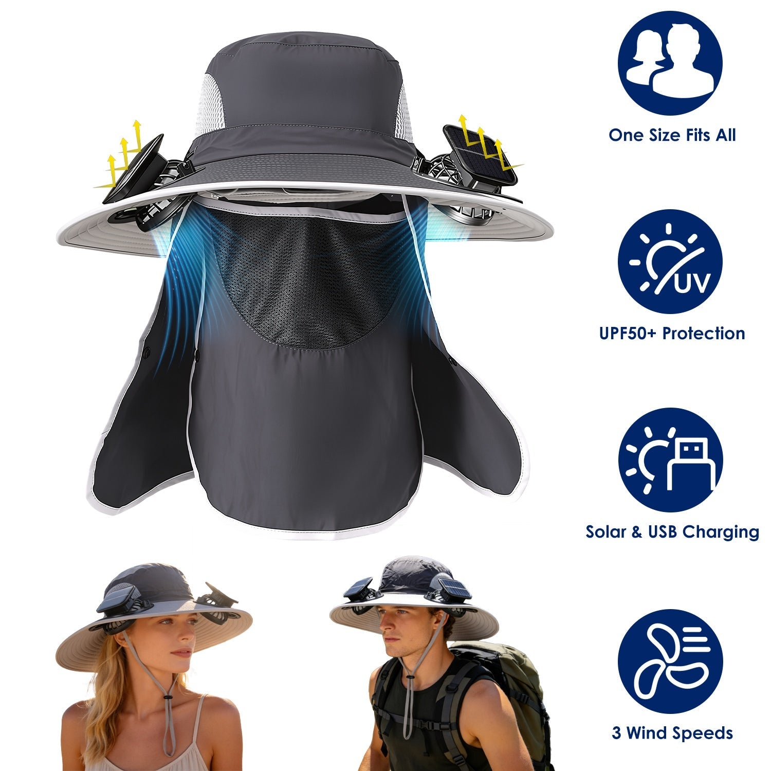 Solar Fan Hat with UPF50+ Sun Protection & Neck Flap