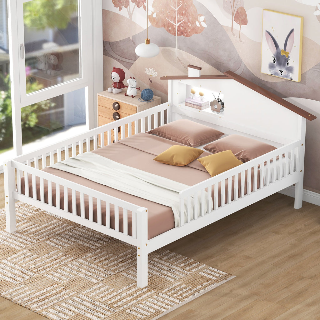 Full Size Wood Platform Bed with House-shaped Headboard, LED and Built-in Storage, White