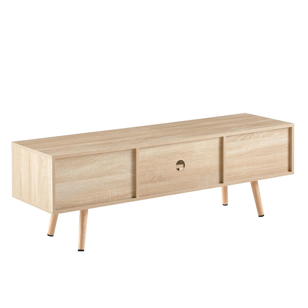 55.12" Rattan TV cabinet double sliding doors for storage adjustable shelf solid wood legs TV console for living room natural