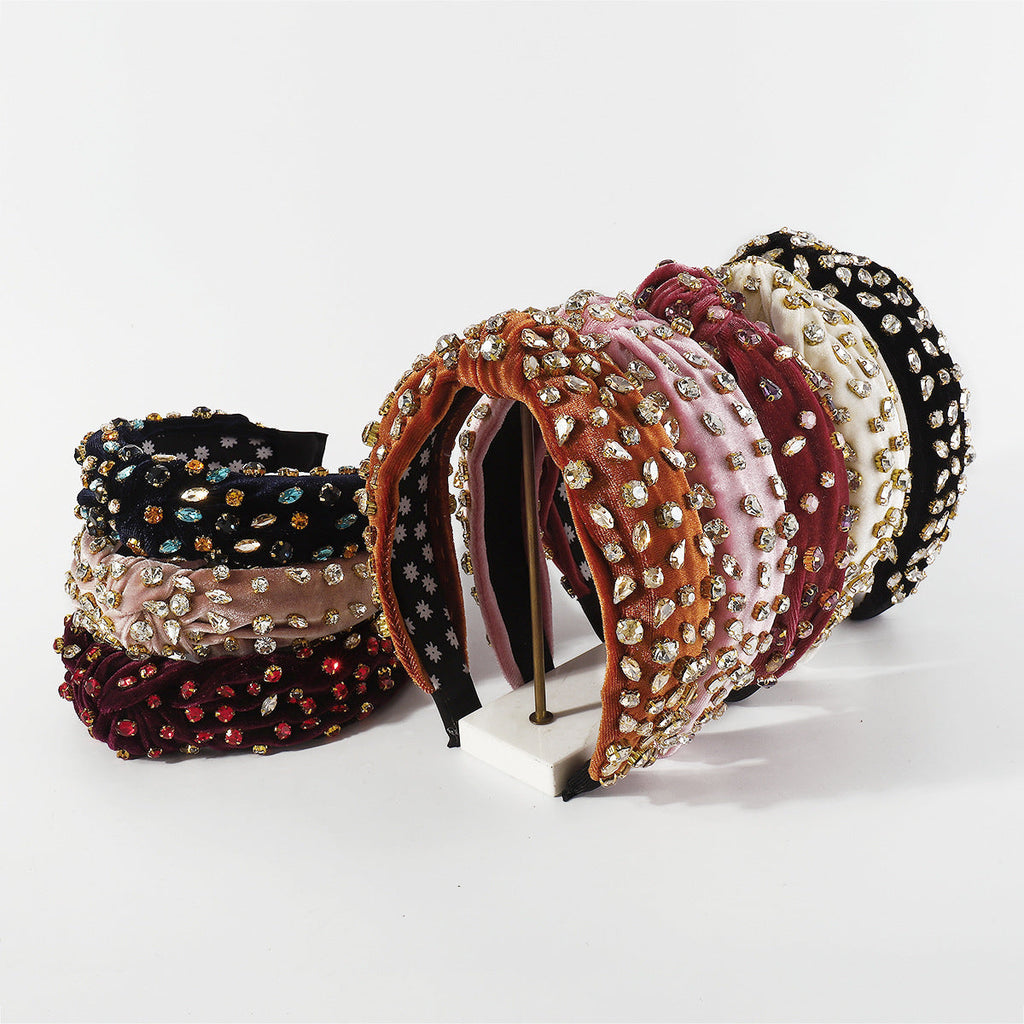 Exaggerated Fashion Hair Bands Female Corduroy Temperament Sweet Hair Ornaments Wide Side Knotted With Diamonds Headband