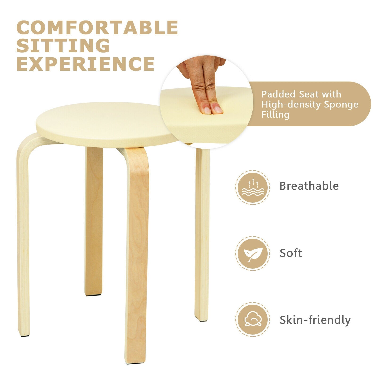Set of 4 Bentwood Round Stool Stackable Dining Chairs with Padded Seat