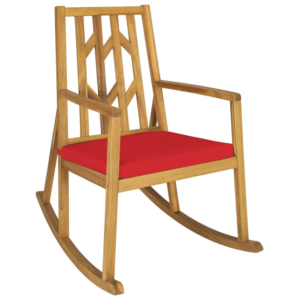 Patio Acacia Wood Rocking Chair Sofa with Armrest and Cushion for Garden and Deck