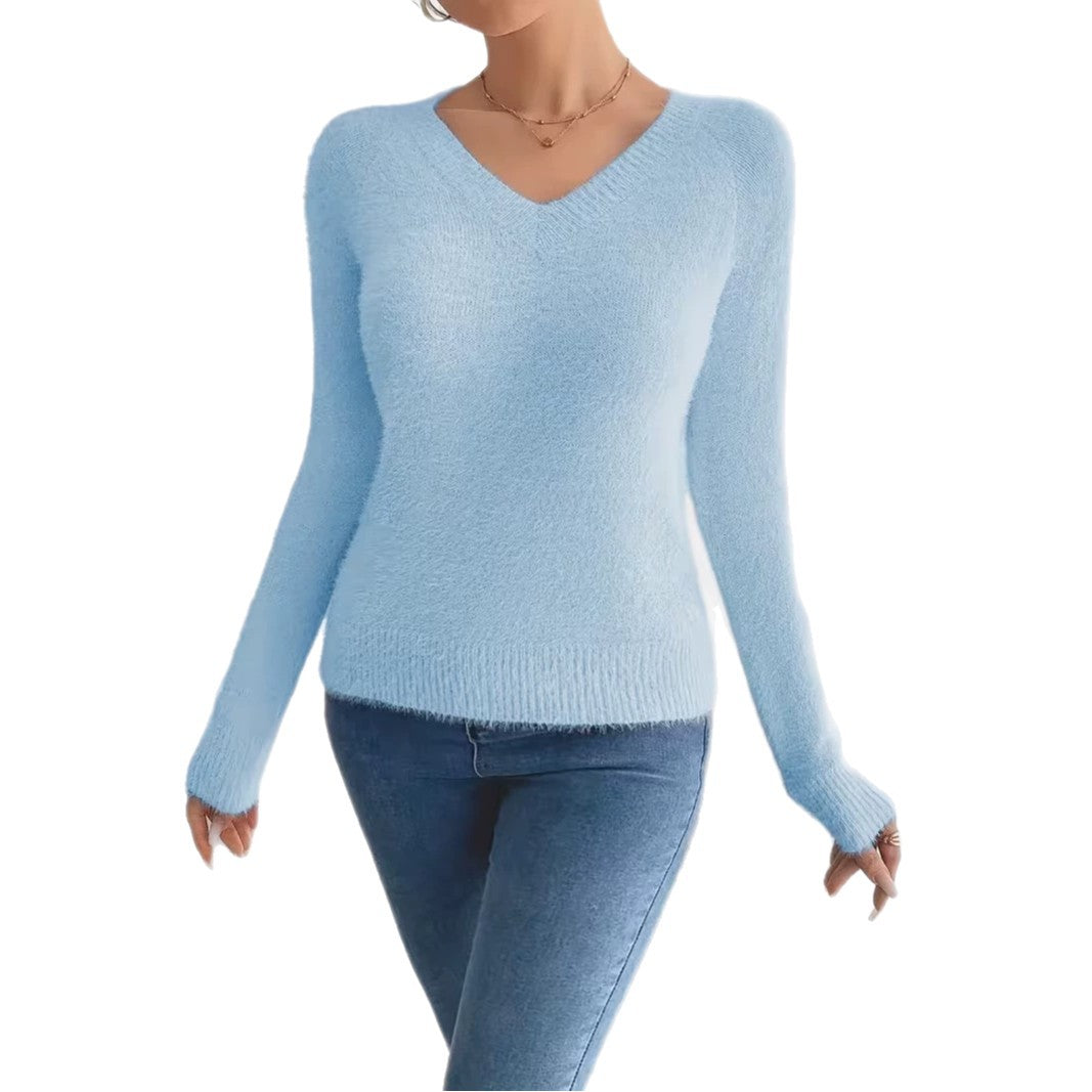 V-neck Solid-color Knitted Warm Plush Sweater