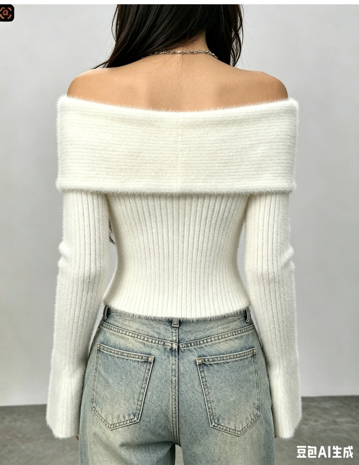 Pearl Embellished Off Shoulder Fuzzy Knit Flare Sleeve Top