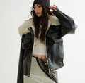 Color-blocked Relaxed-fit PU Faux Leather Black Turtleneck Jacket