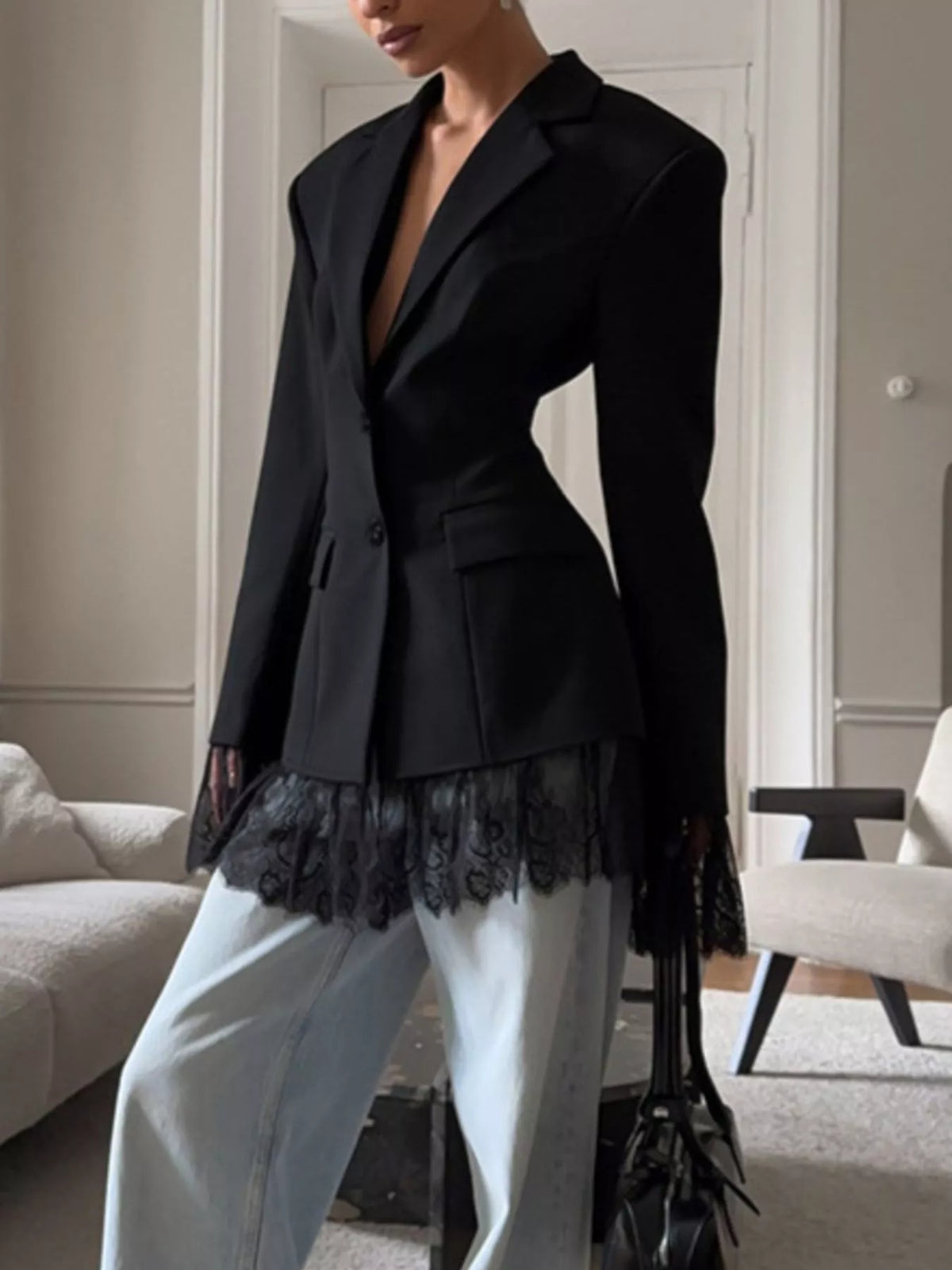 Lace Hem Lapel Collar Blazer