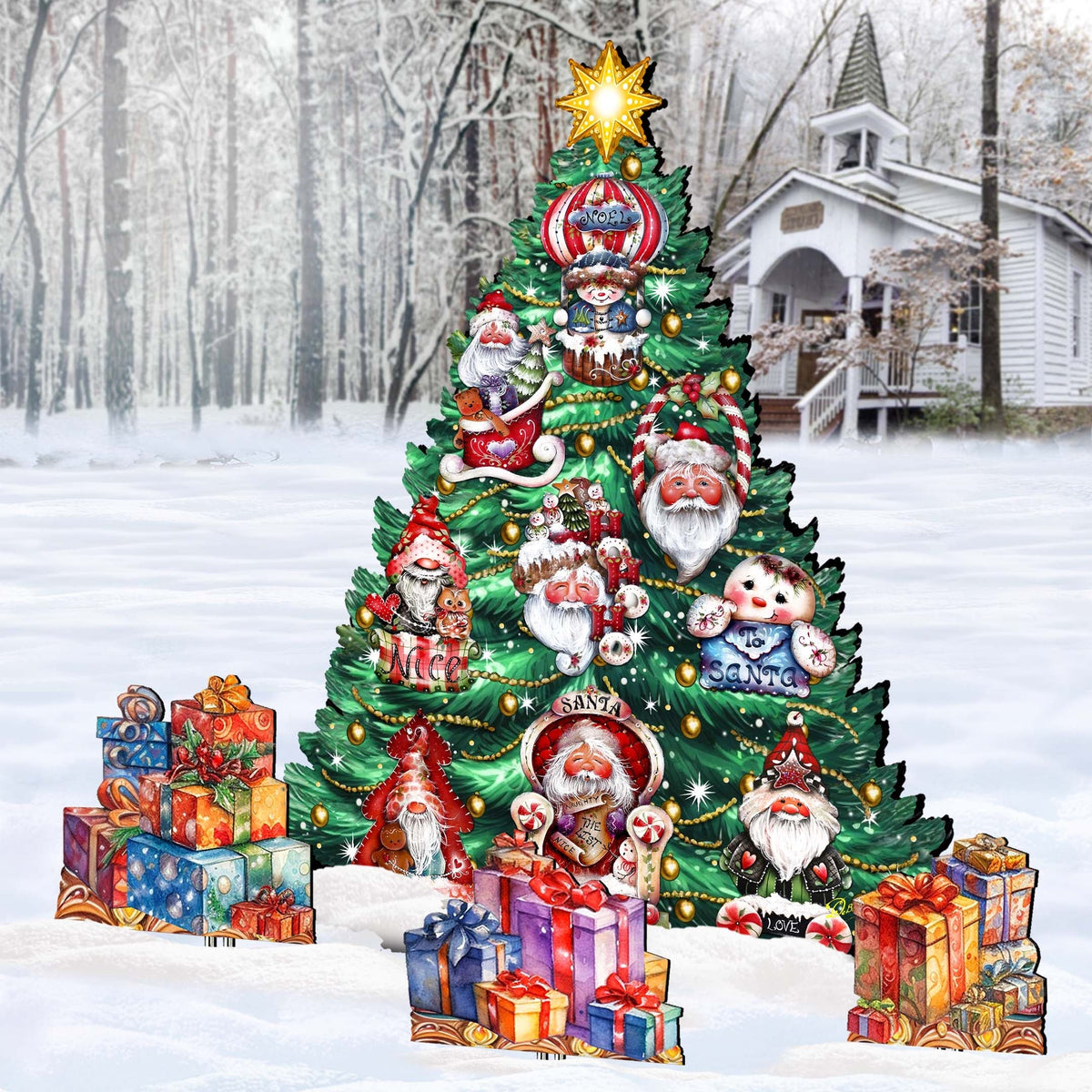 Santa-Themed Christmas Tree Set Outdoor Indoor Decor Wooden Christmas Decoration by Jamie Mills-Price - Christmas Decor - 8191509F-G
