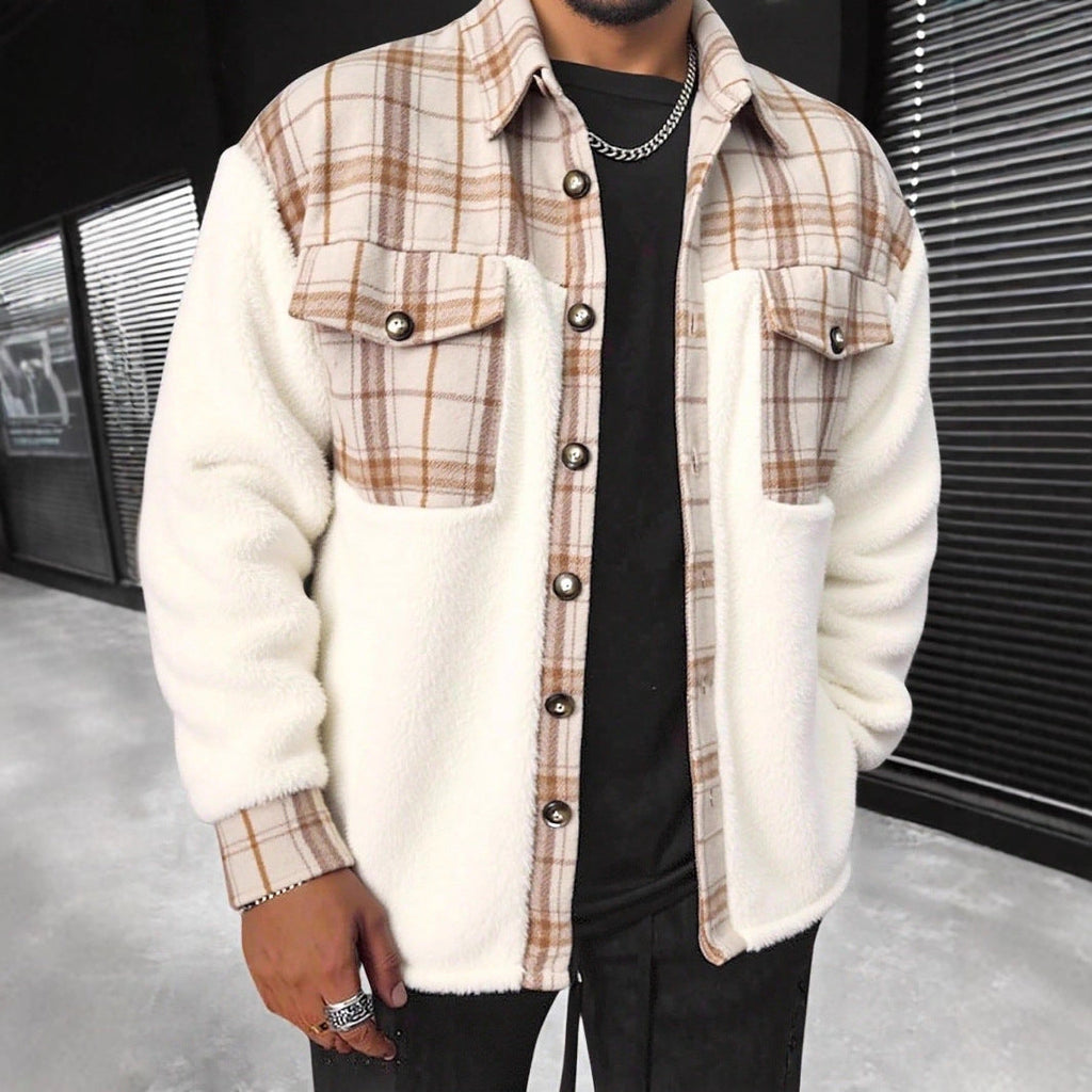Mens Plaid Plush Patchwork Jacket Coat