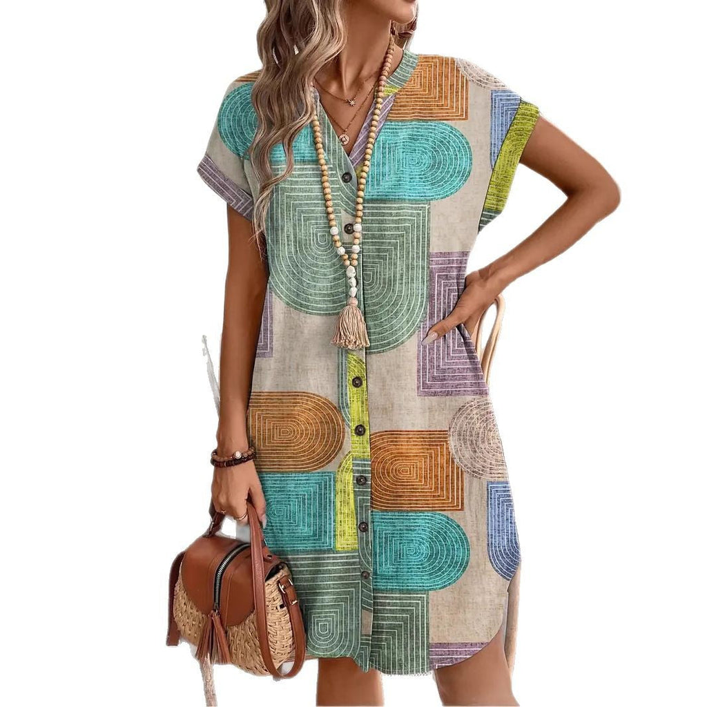 Women's 3D Print V-Neck Button Dress – Digital Print Woven Dress