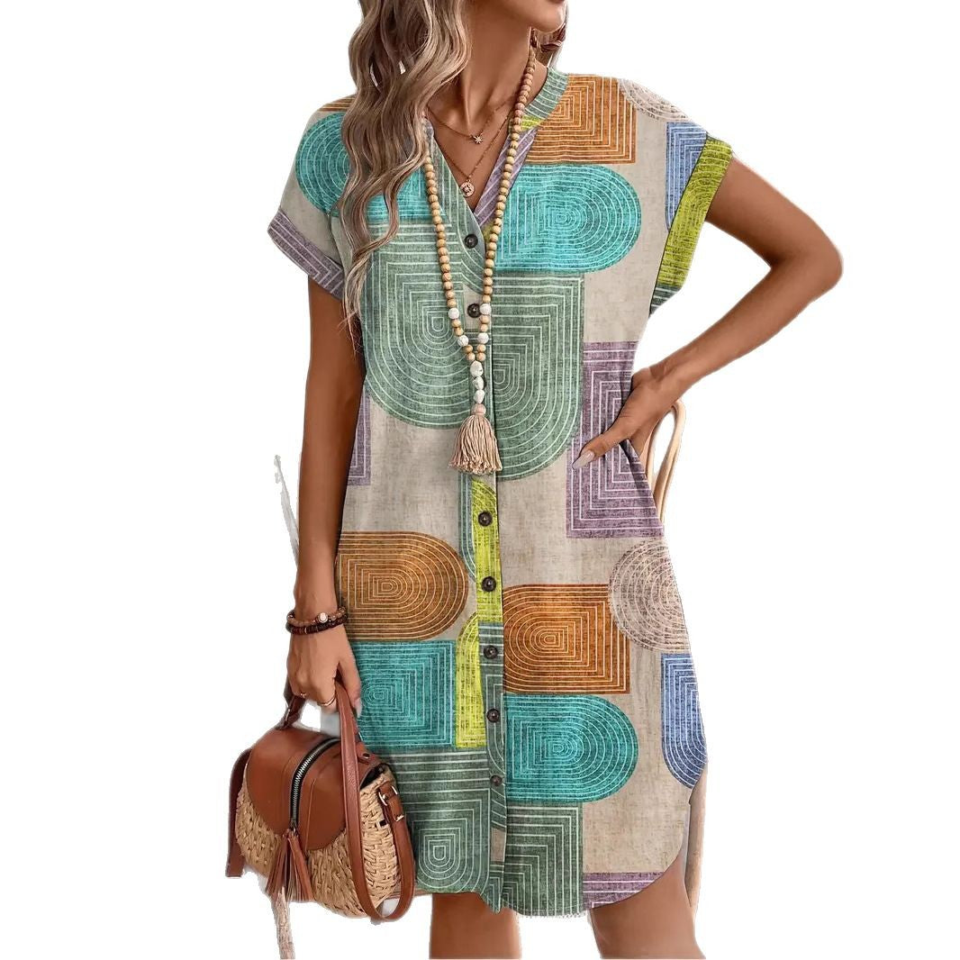 Women's 3D Print V-Neck Button Dress – Digital Print Woven Dress