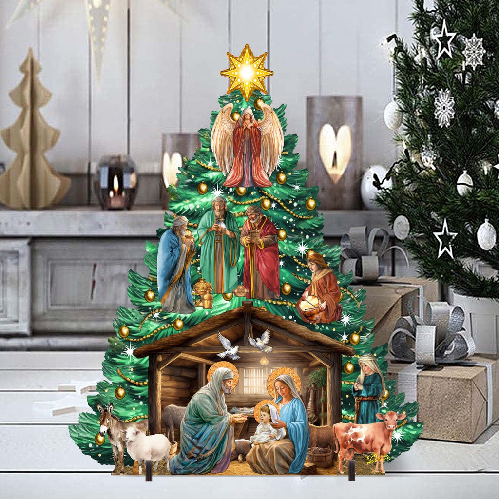 Nativity-Themed Christmas Tree Outdoor Indoor Decor Wooden Christmas Decoration by G. Debrekht Christmas Decor - 8191503-3F