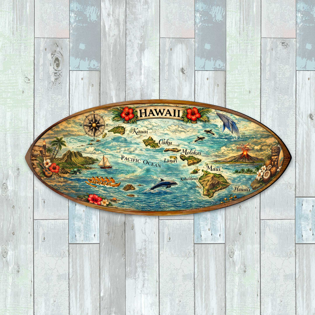 Hawaiian Islands Surfboard Wall Art – Handcrafted Coastal Wooden Decor by G.DeBrekht – Beach House Ocean Decor – 8490160HS
