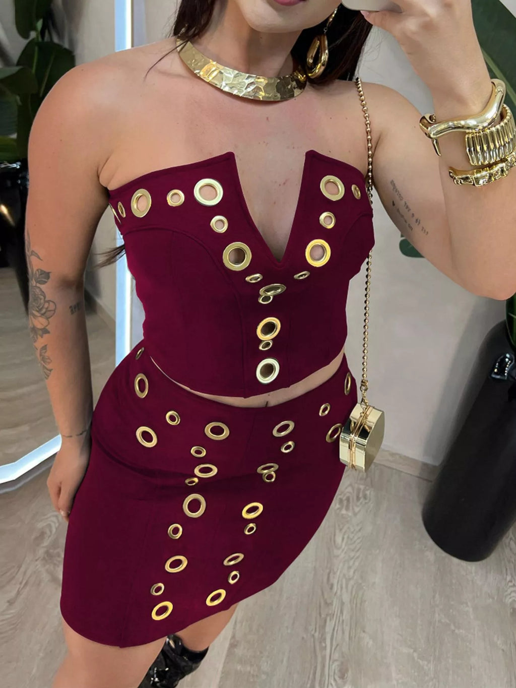 Grommet Crop Top and Mini Skirt Set