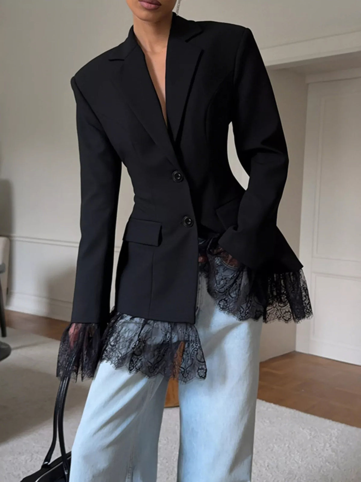 Lace Hem Lapel Collar Blazer