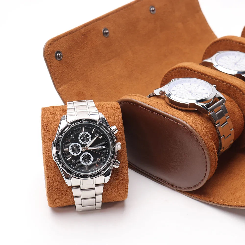 3-Slot Travel Watch Case – PU Leather Watch Roll for Men