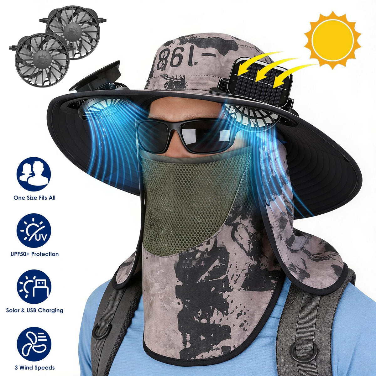 Solar Fan Hat with UPF50+ Sun Protection & Neck Flap