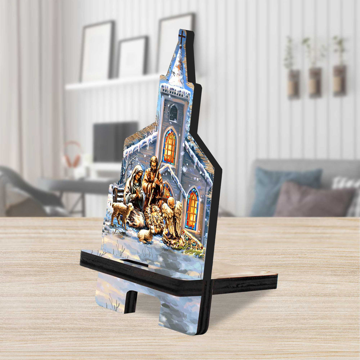 Holy Night Winter Cathedral Cell Phone Stand Inspirational Decor Wood Mobile Tablet Holder Charging Station Organizer - 892080C-DG