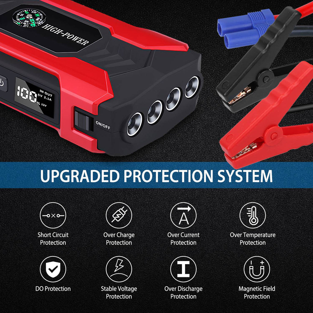 Car Jump Starter Booster 800A Peak 28000mAh 12V Battery Charger (Up to 6.0L Gas or 3.0L Diesel Engine) w/ LCD Screen 4 Modes LED Flashlight