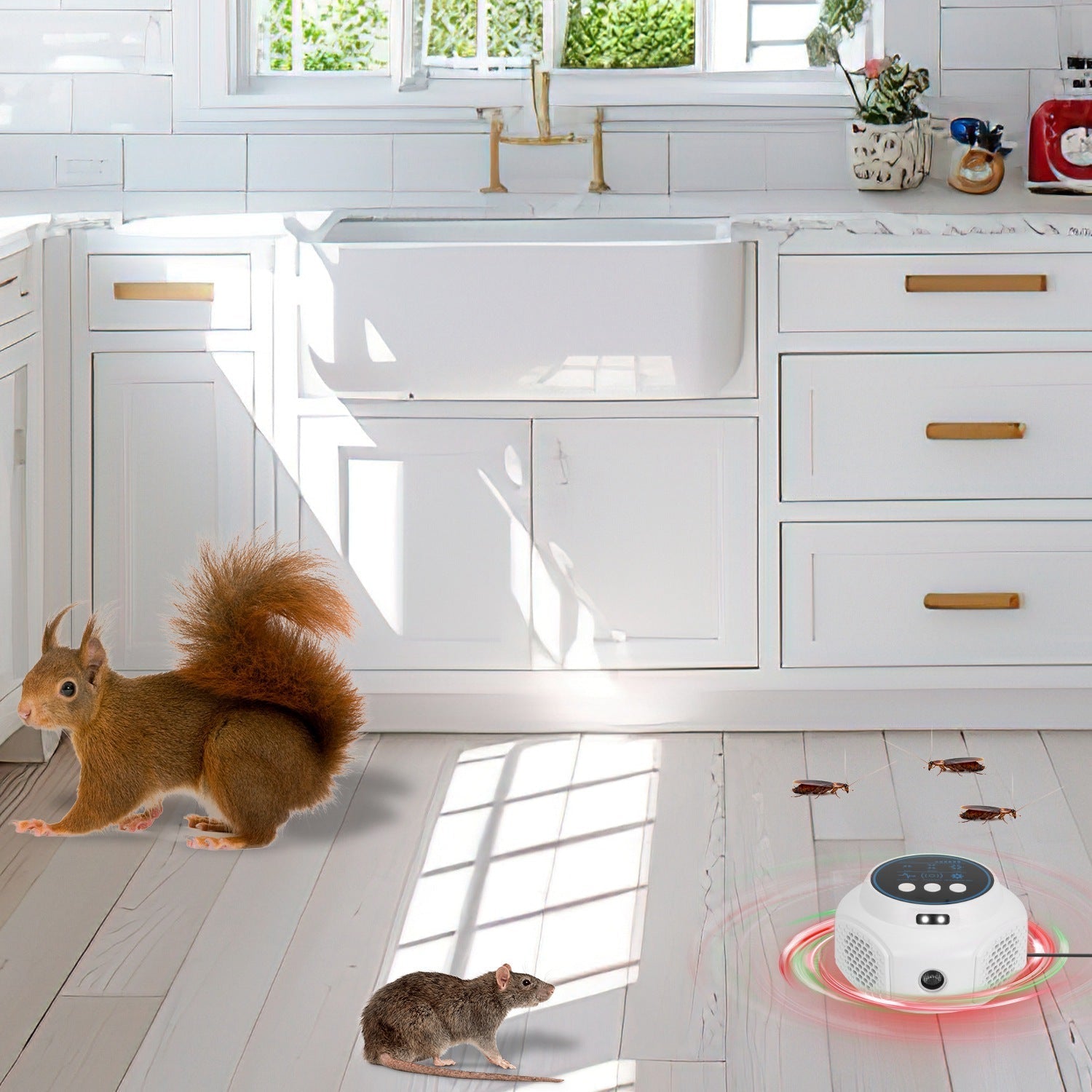 360¡ Ultrasonic Mice Repellent Indoor Rodent Repeller Rat Squirrel Rodent Chaser with 3 Modes 2 Strobe Lights for Kitchen Warehouse