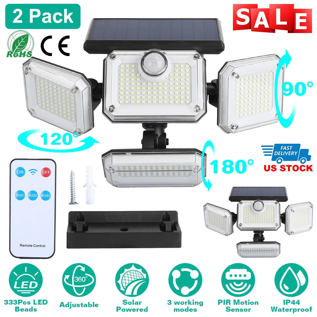 2 Pack Solar Powered Wall Lights IP44 Waterproof Motion Sensor Lights with 4 Adjustable Heads 333Pcs LED Beads 120¡ Sensing Angle Remote Control for Y