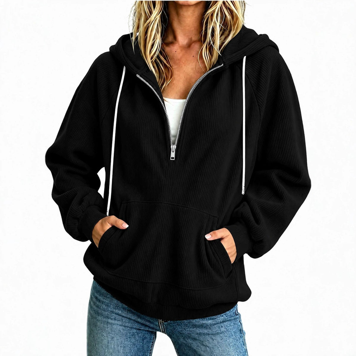Womens Loose-fit Long-sleeve Half-zip Hooded Sweatshirt