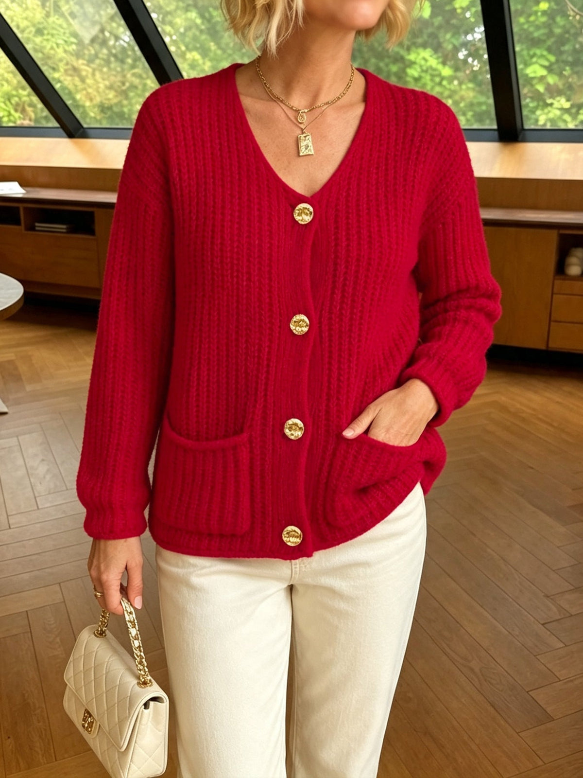 New Arrival For Autumn&Winter Vintage Gold Button Thick Ribbed Knit Red Cardigan With Pockets