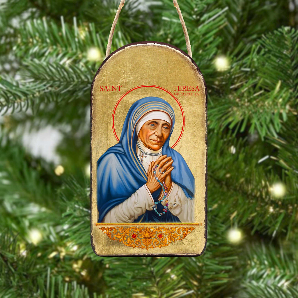 Saint Teresa Icon Ornament - Handcrafted Wooden Byzantine Style Gold Plated Decor - 87064