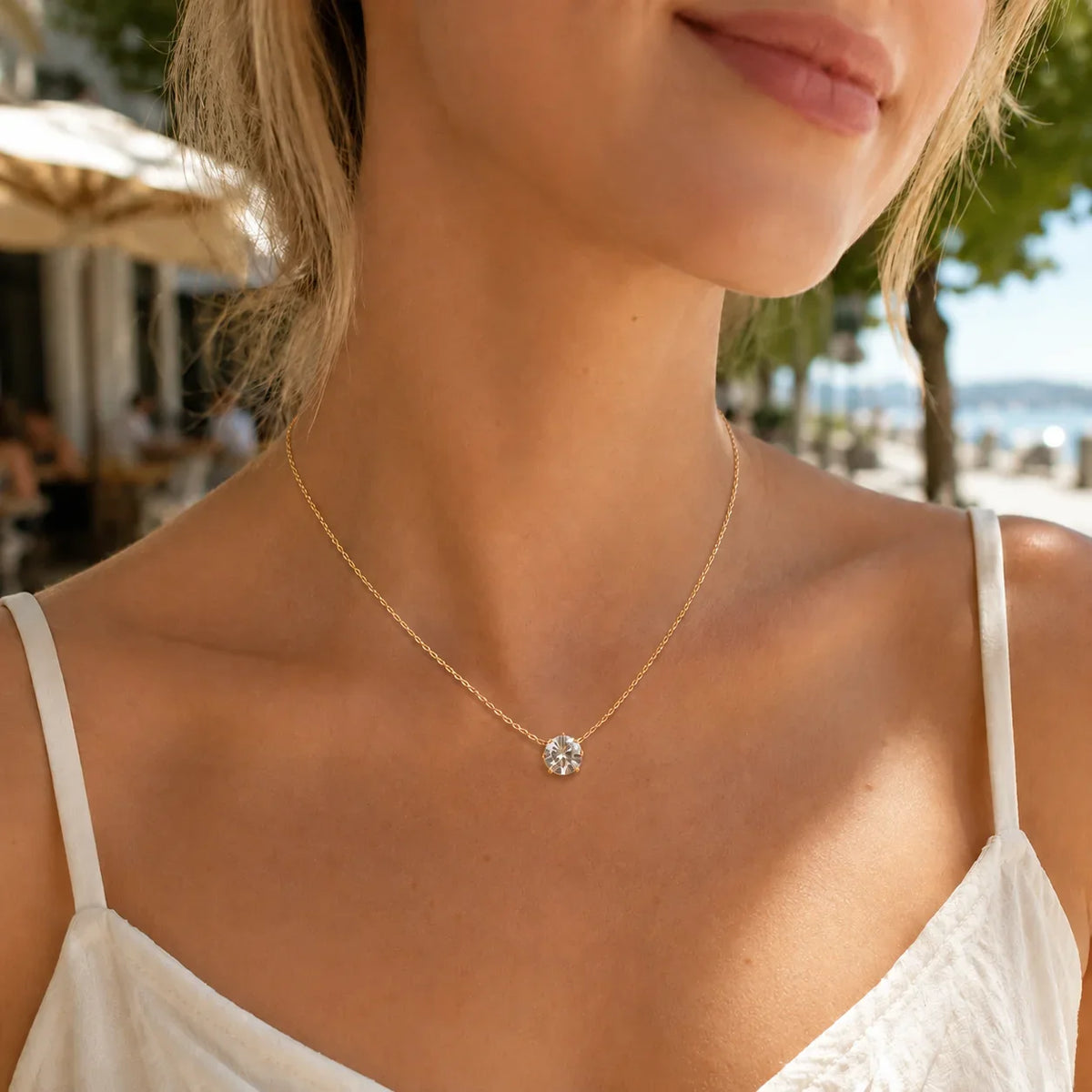 Minimalist Solitaire Zircon Choker Necklace, Crystal Pendant, 18K Gold Plated Stainless Steel Clavicle Chain Jewelry