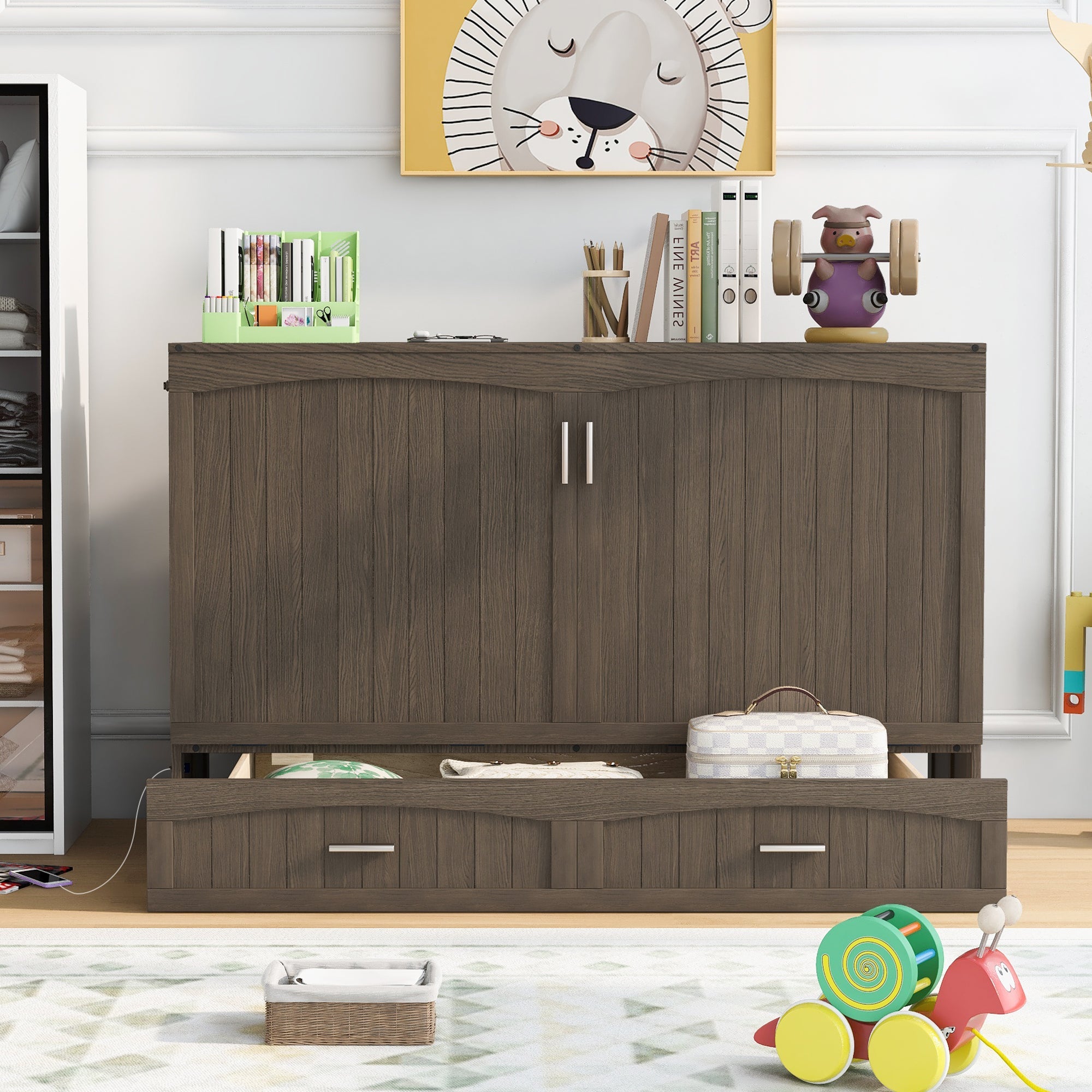 Queen Size Murphy Bed with Built-In Charging Station  Antique Grey