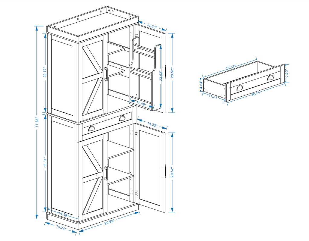71" Kitchen Pantry Storage Cabinet with 4 Doors(2Doors with Racks)1 Drawer 2 Adjustable Shelves Freestanding Cupboard