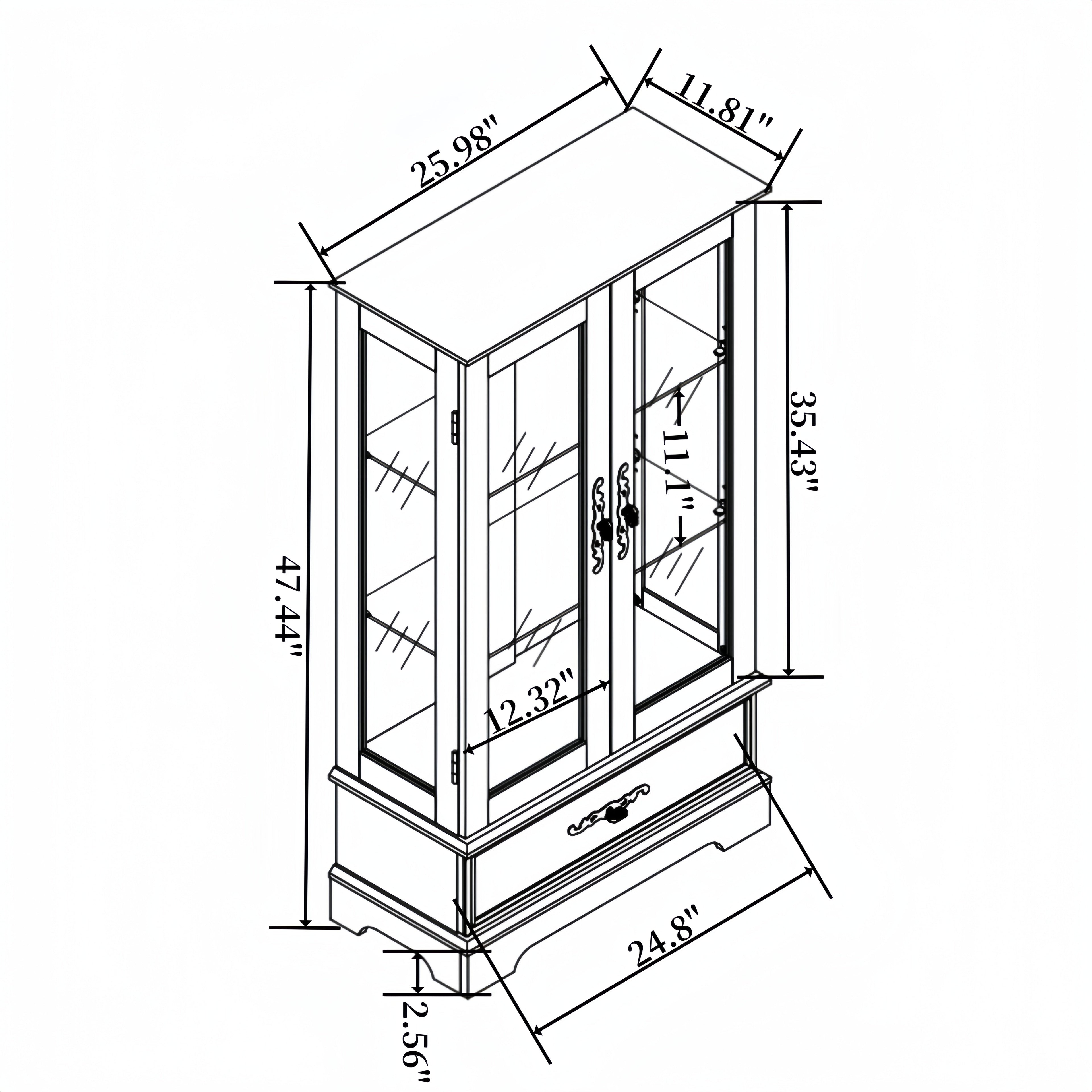 Light colored glass cabinet with adjustable glass frame, including cabinet light bulbs OAK with 2 doors and 1 drawer