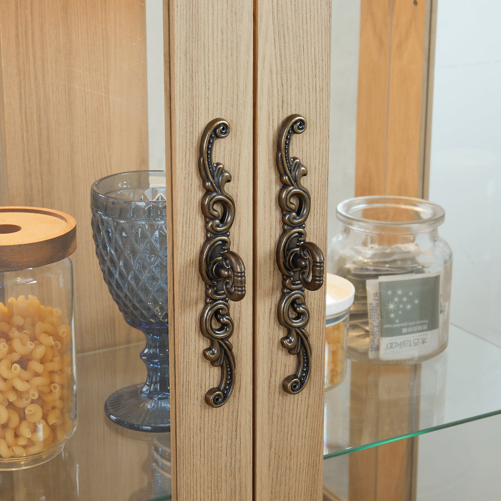 Light colored glass cabinet with adjustable glass frame, including cabinet light bulbs OAK with 2 doors and 1 drawer