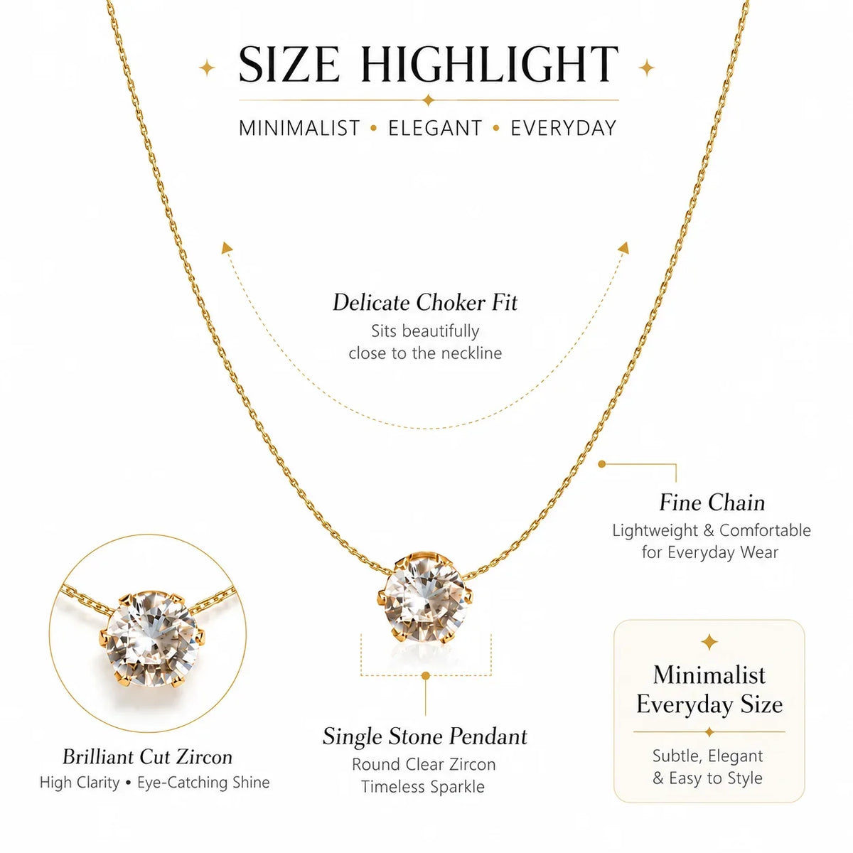 Minimalist Solitaire Zircon Choker Necklace, Crystal Pendant, 18K Gold Plated Stainless Steel Clavicle Chain Jewelry