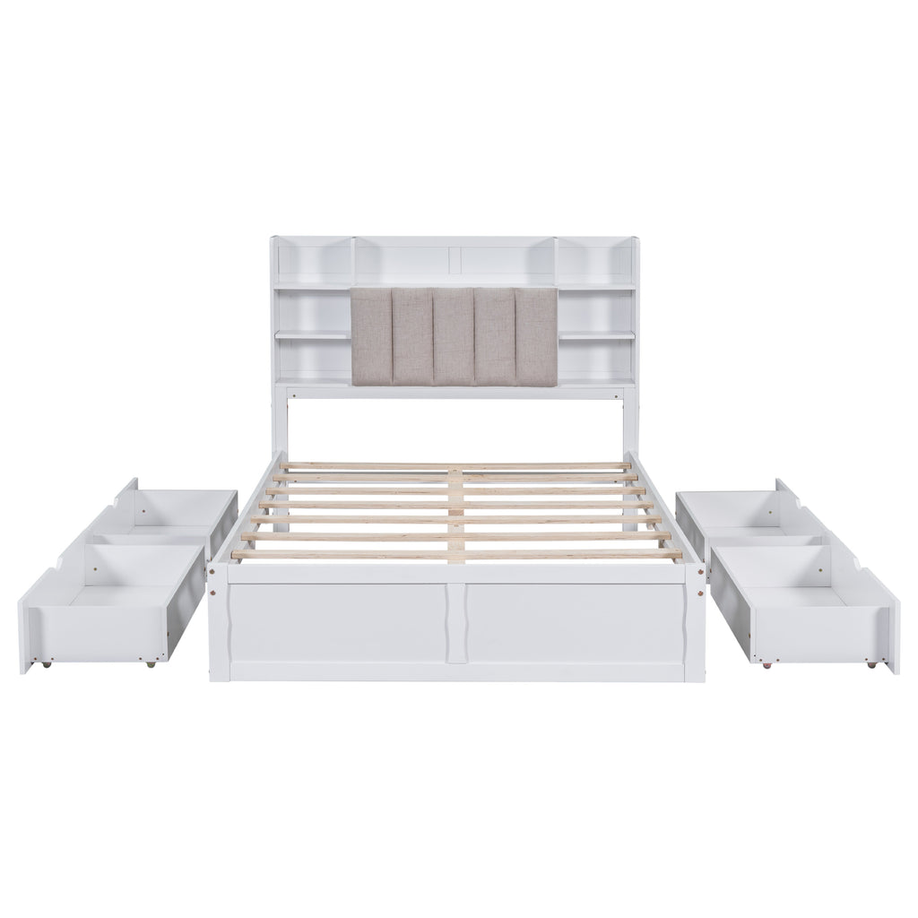 Multi-functional Full Size Bed Frame with 4 Under-bed Portable Storage Drawers and Multi-tier Bedside Storage Shelves White