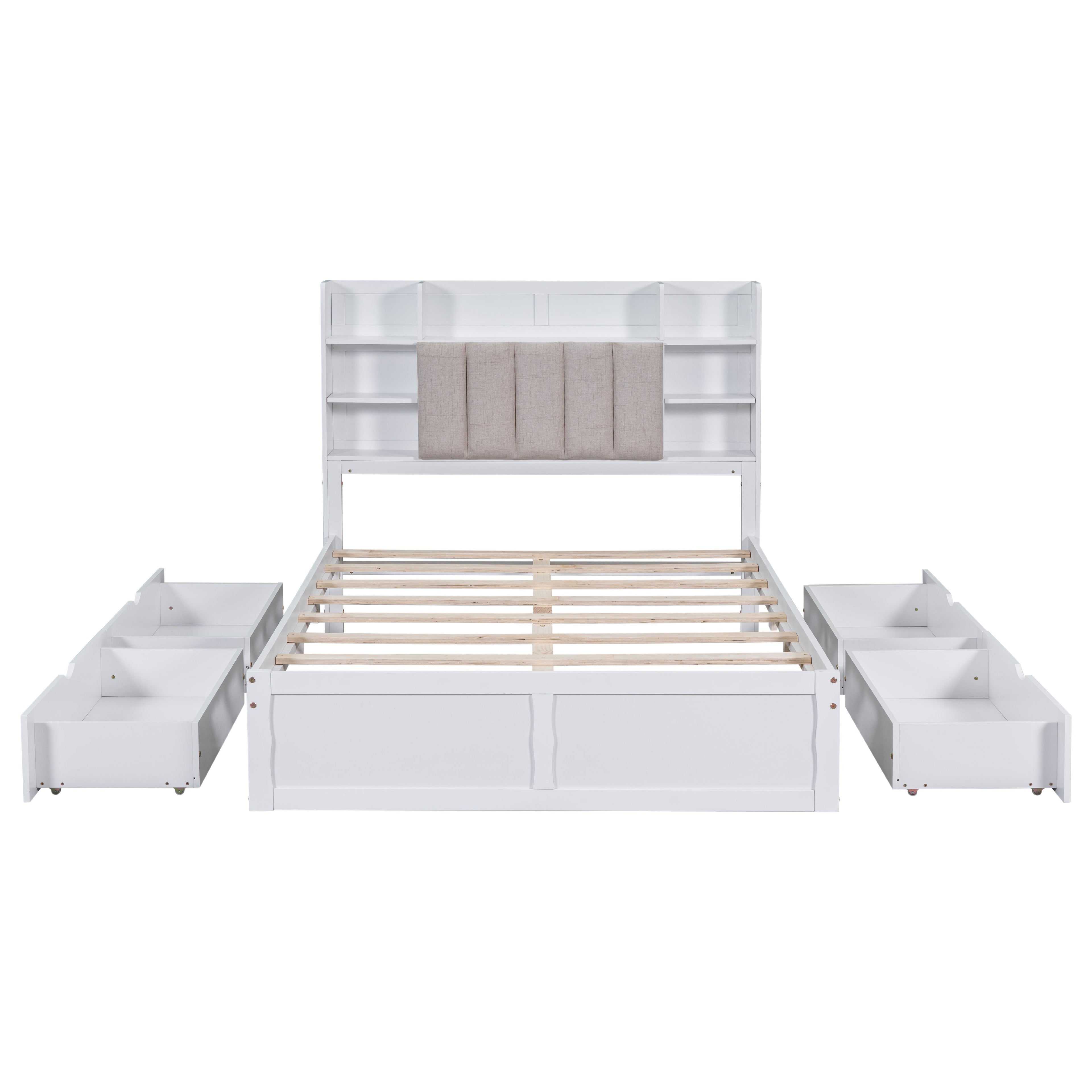 Multi-functional Full Size Bed Frame with 4 Under-bed Portable Storage Drawers and Multi-tier Bedside Storage Shelves White